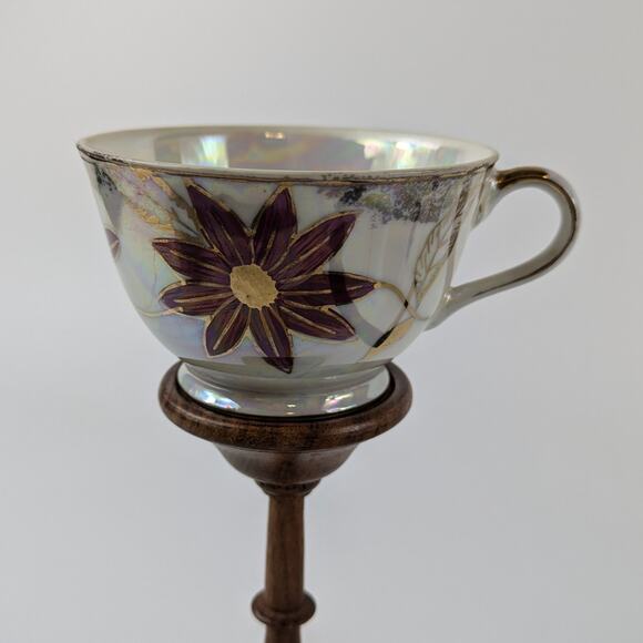 Nasco Japan Poinsettia Teacup Pearlescent Glaze Lusterware Vintage Gold Purple - Picture 1 of 12